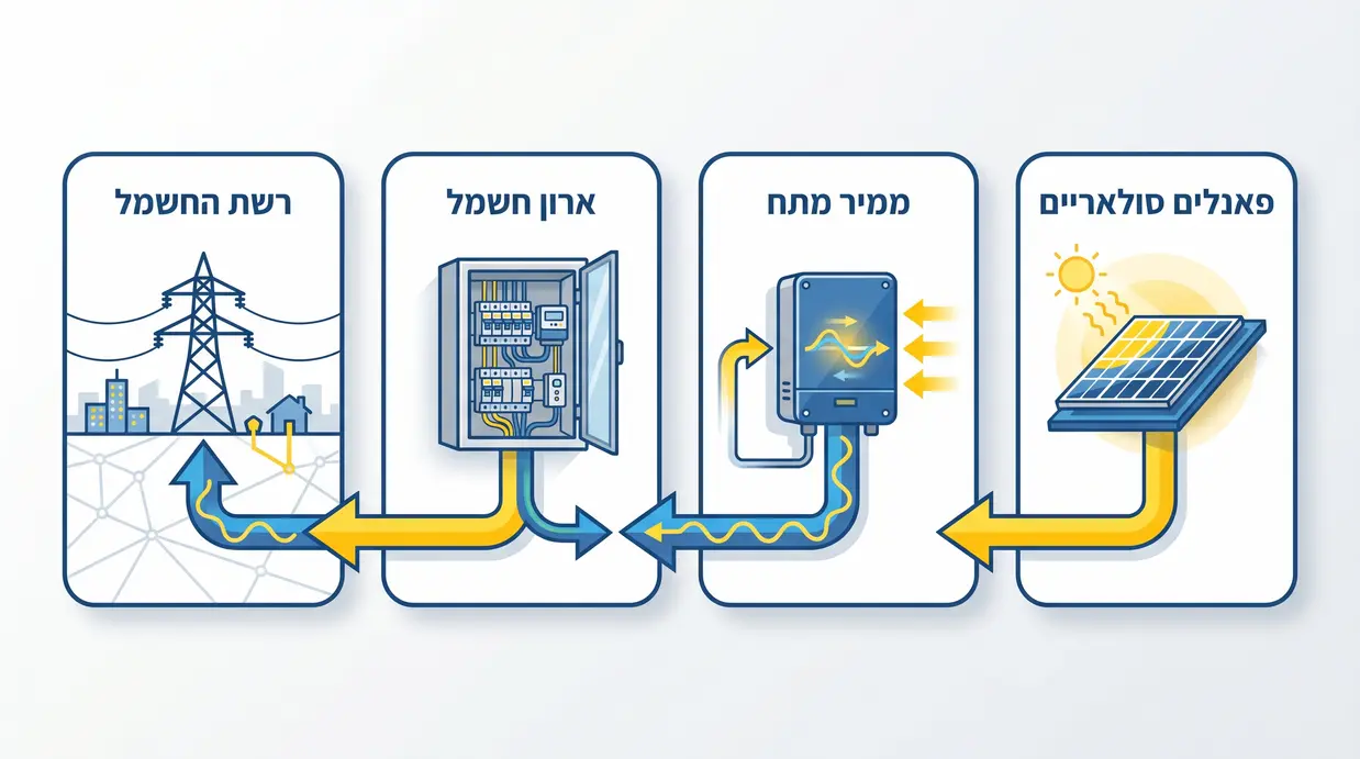 אינפוגרפיקה בעברית המציגה את מסלול החשמל מהפאנלים ועד לרשת החשמל