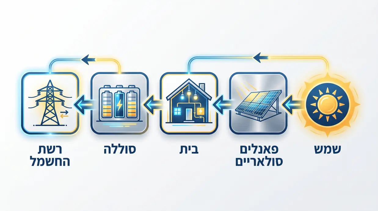 תרשים בעברית המציג את מחזור האנרגיה במערכת סולארית עם אגירה
