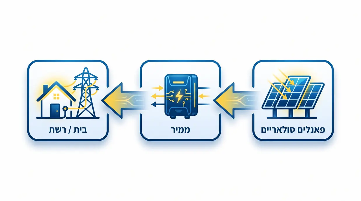 תרשים זרימה של אנרגיה ממערכת סולארית אל הבית והרשת