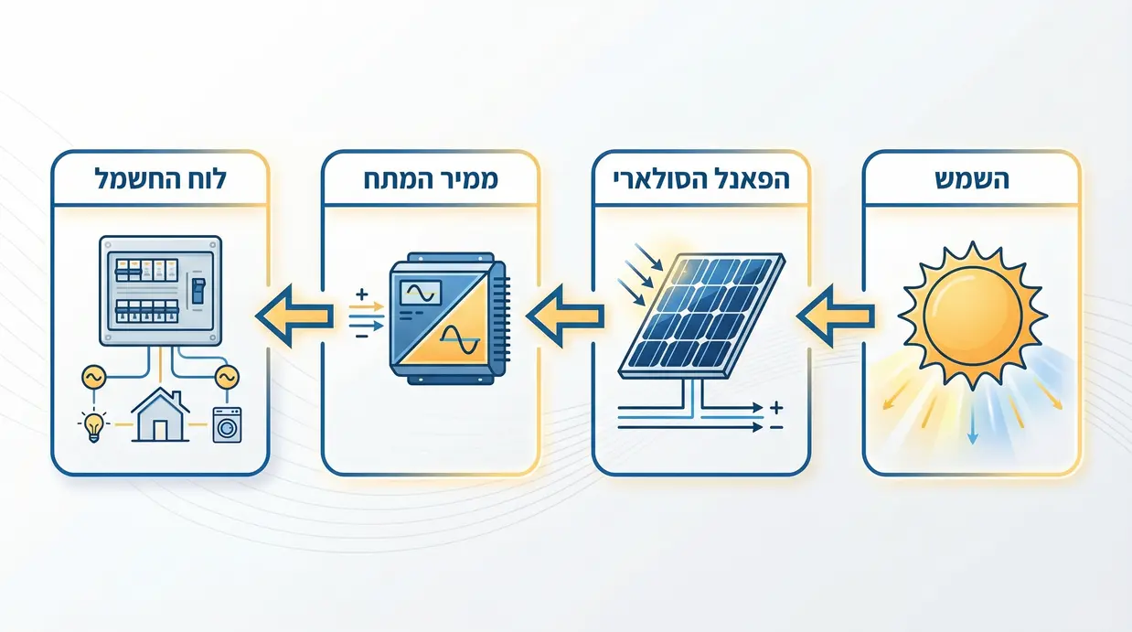 תרשים זרימה של תהליך ייצור חשמל סולארי מהשמש ועד הבית