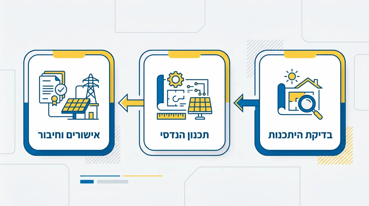 תרשים זרימה המציג את שלבי התקנת מערכת סולארית מהבדיקה הראשונית ועד לחיבור לרשת