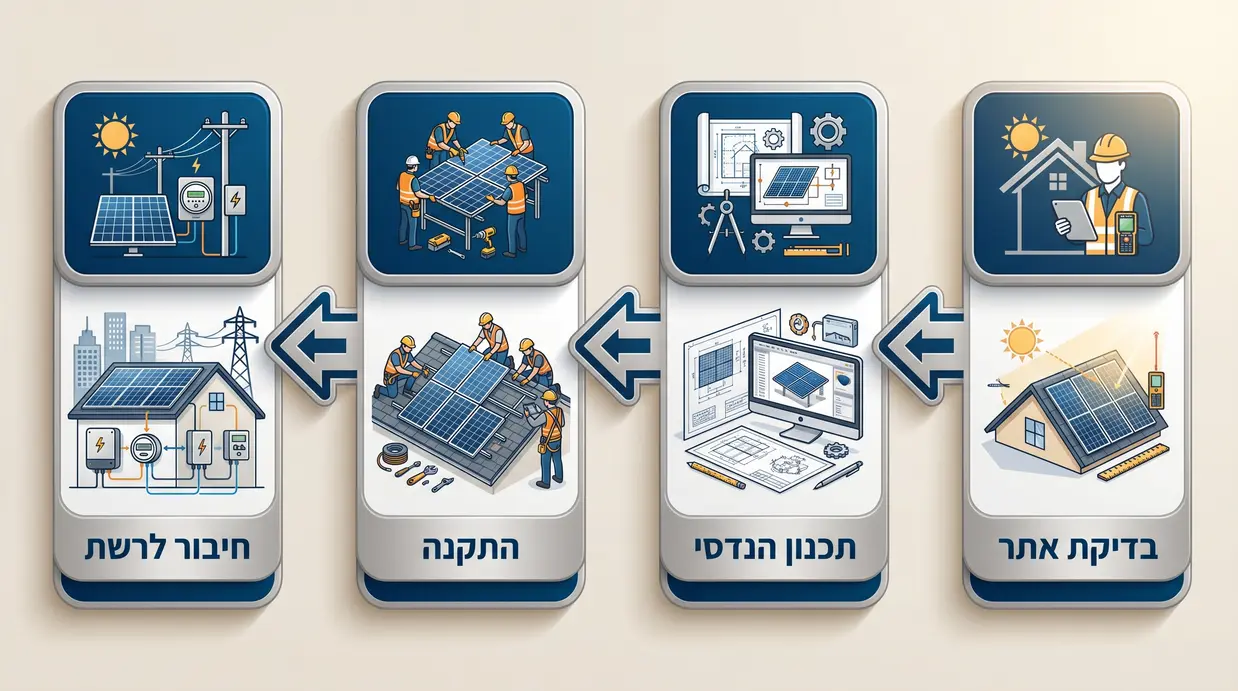 תרשים שלבי התקנת מערכת סולארית – מבדיקת אתר ועד חיבור לרשת החשמל