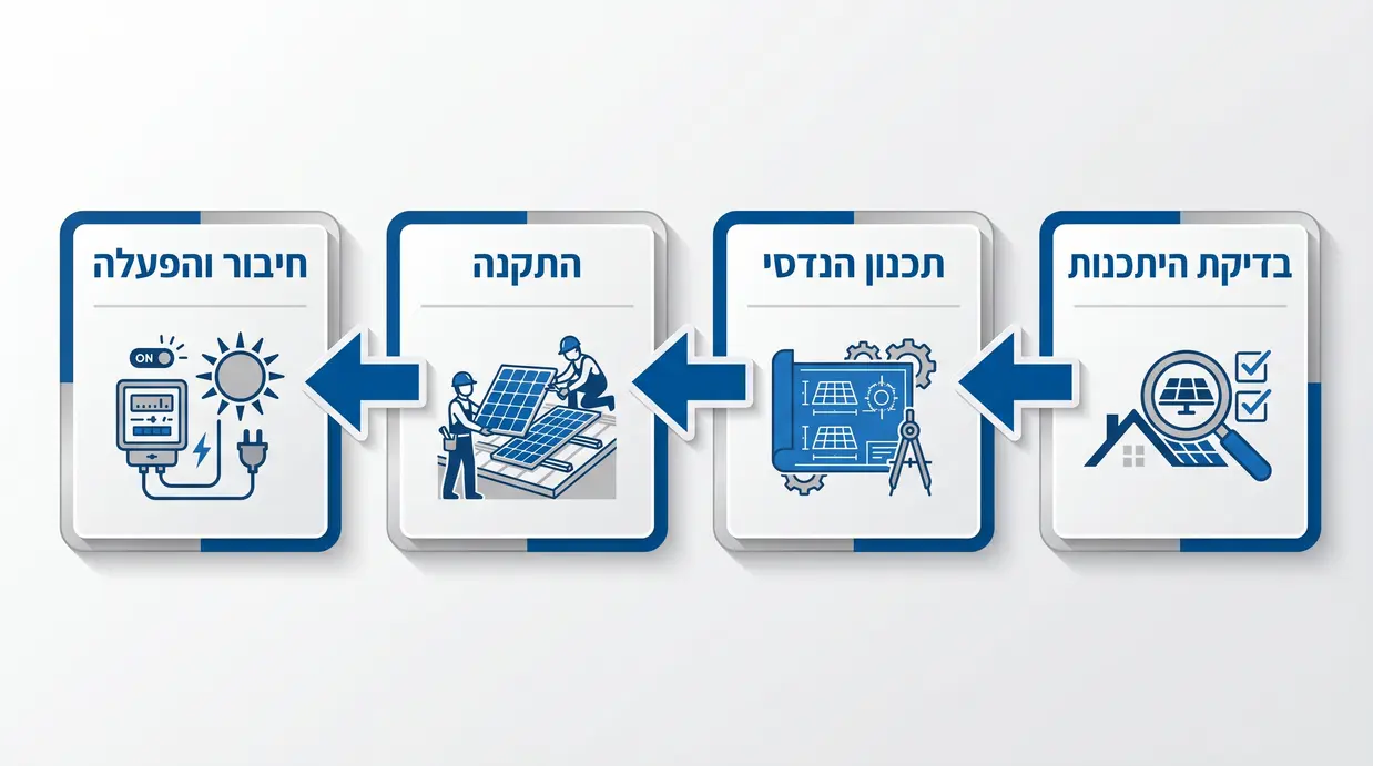 תרשים תהליך בעברית של שלבי הקמת מערכת סולארית מסחרית