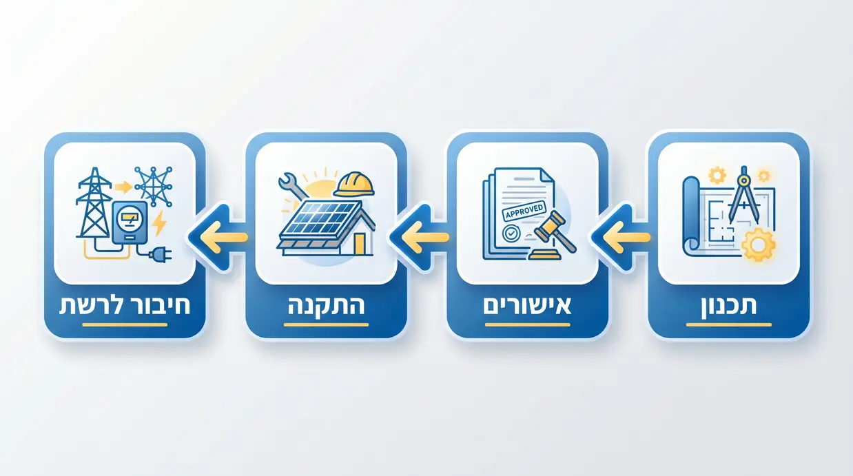 תרשים זרימה בעברית המציג את שלבי התקנת מערכת סולארית ביתית