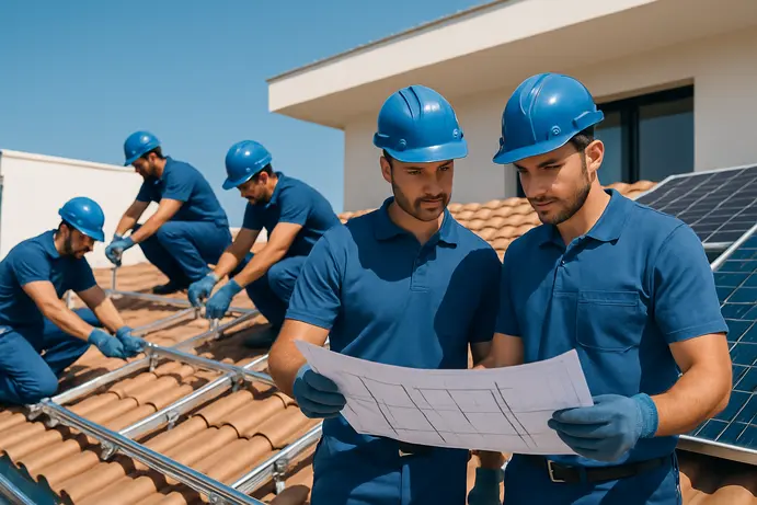 צוות מתקינים מקצועי מתקין מערכת סולארית על גג בית