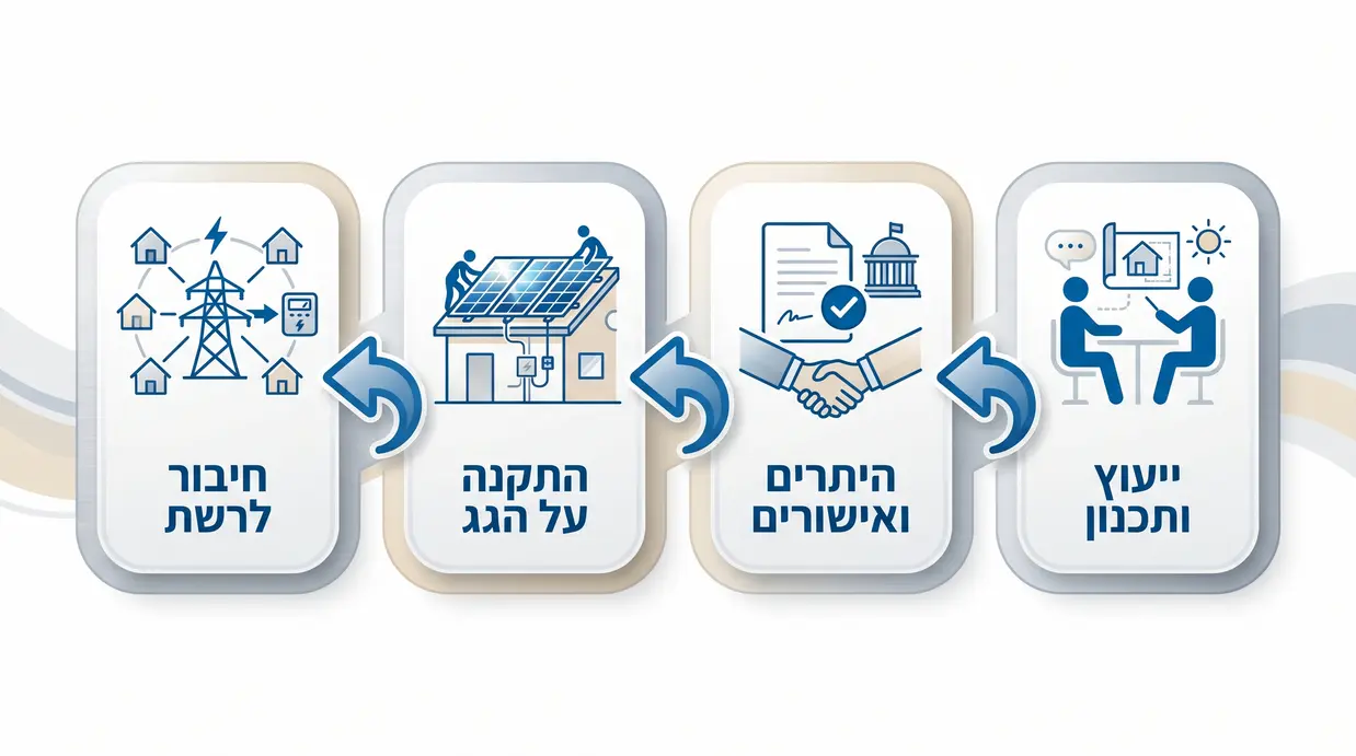 תרשים שלבי התקנת מערכת סולארית מהתכנון ועד החיבור לחשמל