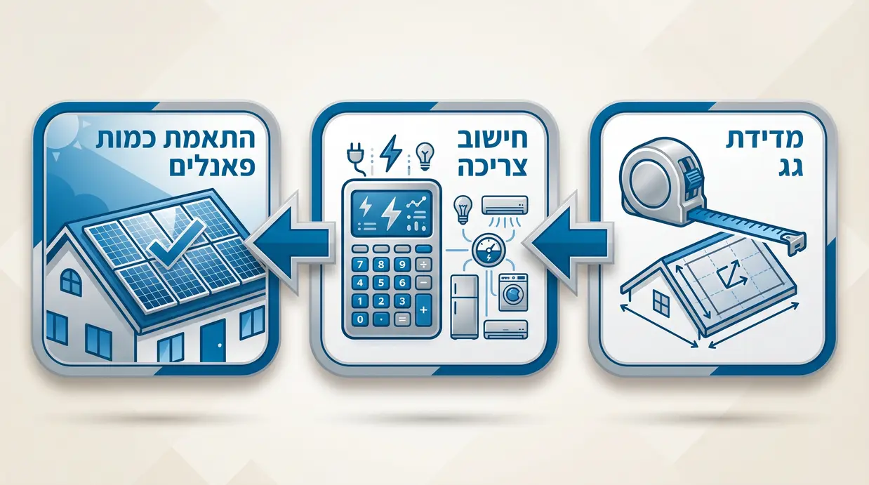 תרשים תהליך חישוב כמות הלוחות הסולאריים הנדרשת לפי שטח וצריכה
