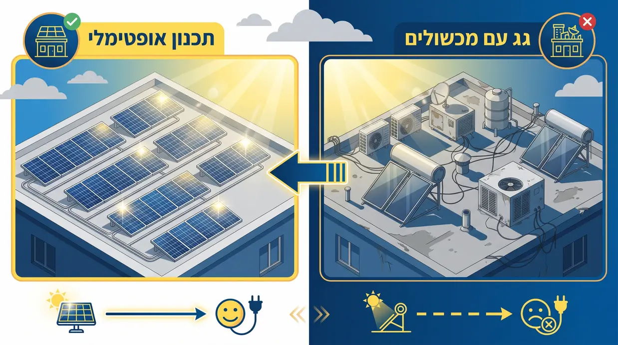 השוואה בין גג עם מכשולים לגג מתוכנן עם לוחות סולאריים