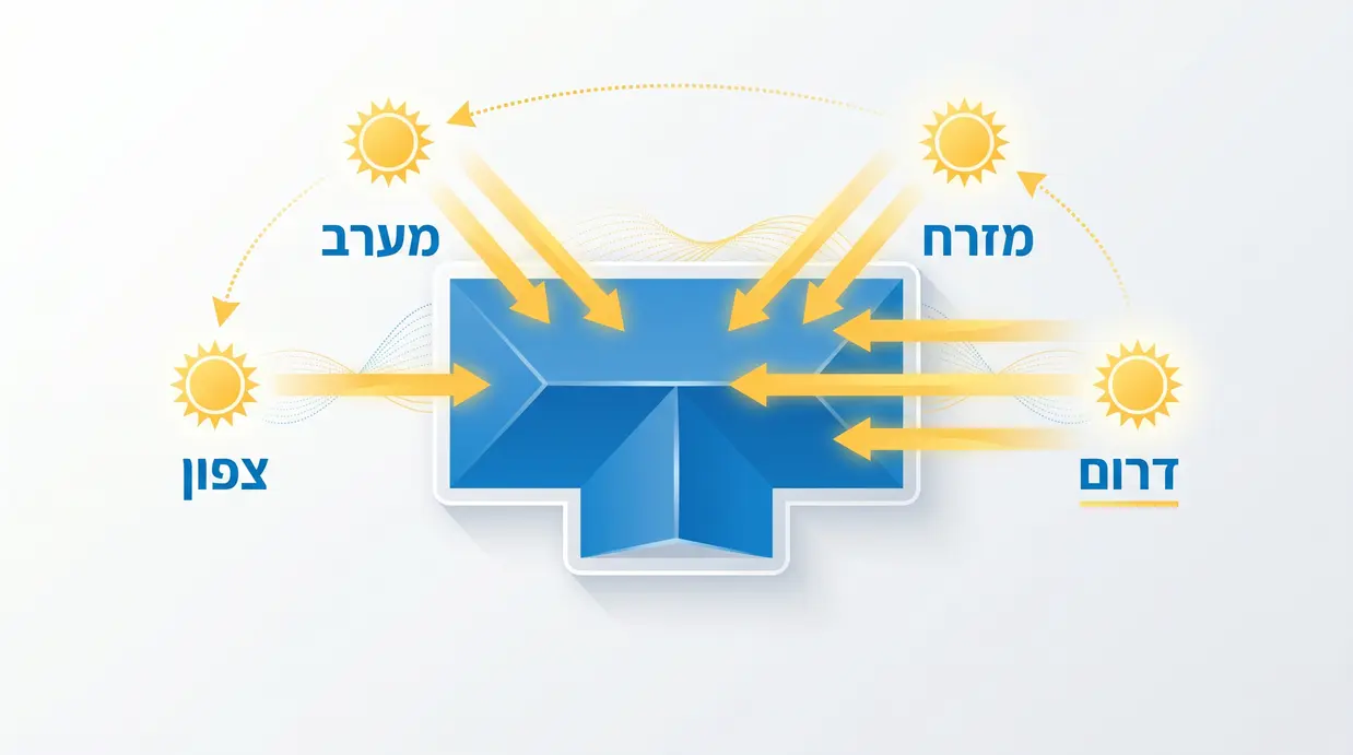 איור המראה את כיווני השמש והשפעתם על גג הבית