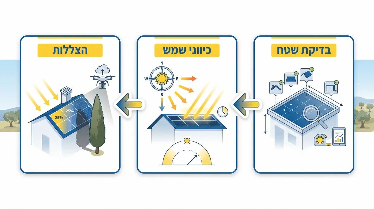 תרשים גג עם כיווני שמש והצללות מעצים ודודים