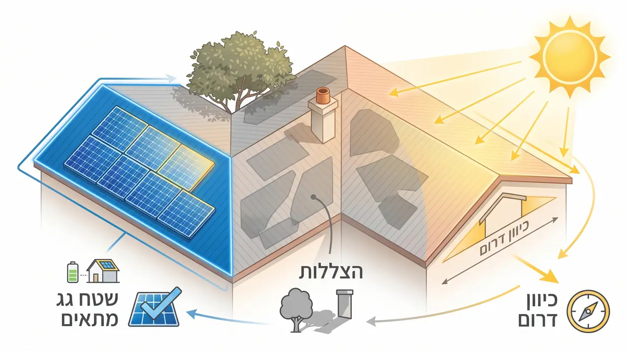 איור של גג דרומי עם פאנלים סולאריים והסבר על הצללות וכיוון