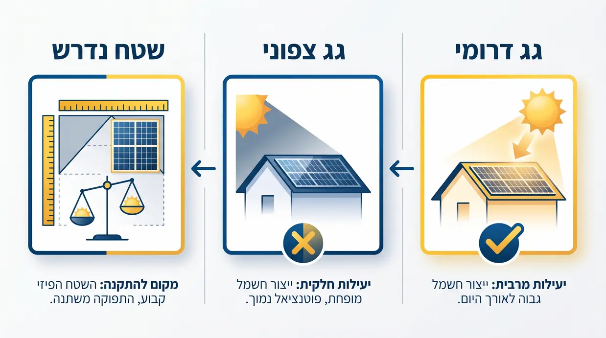 אינפוגרפיקה בעברית המציגה כיווני גג ושטח נדרש להתקנת מערכת סולארית