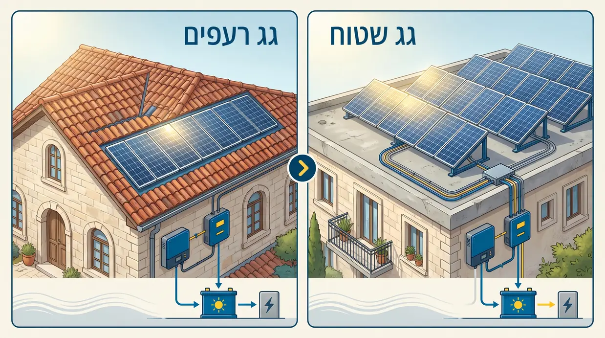 השוואה ויזואלית בין התקנת מערכת סולארית על גג שטוח לעומת גג רעפים