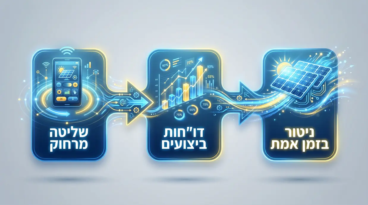אינפוגרפיקה בעברית המציגה ניטור ובקרה חכמה של מערכת סולארית בזמן אמת