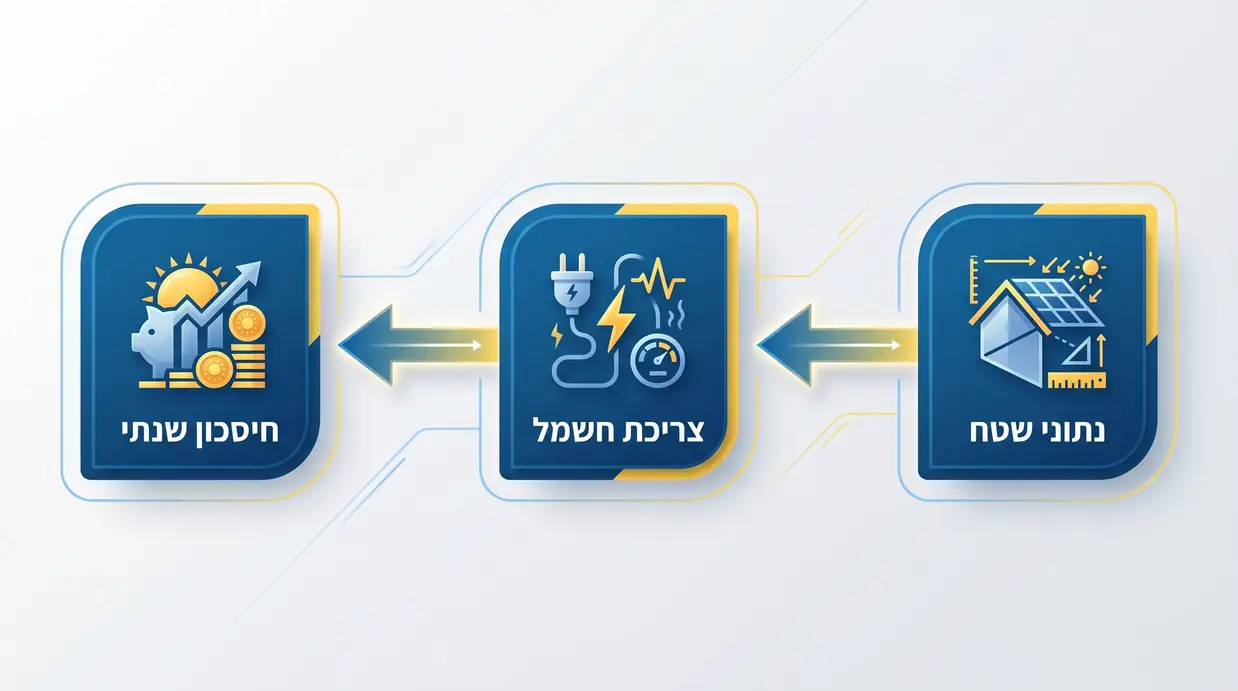 אילוסטרציה בעברית של מחשבון סולארי עם נתוני שטח וצריכה