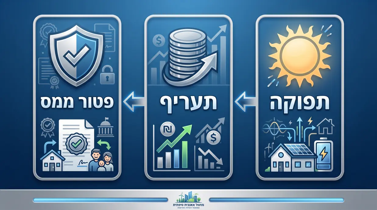 אינפוגרפיקה בעברית המציגה תפוקה, תעריף ופטור ממס במערכת סולארית ביתית