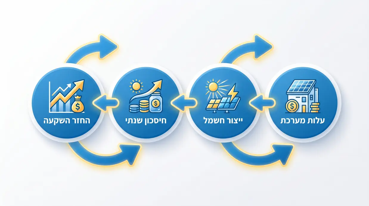 תרשים בעברית של הקשר בין עלות מערכת, ייצור חשמל, חיסכון והחזר השקעה