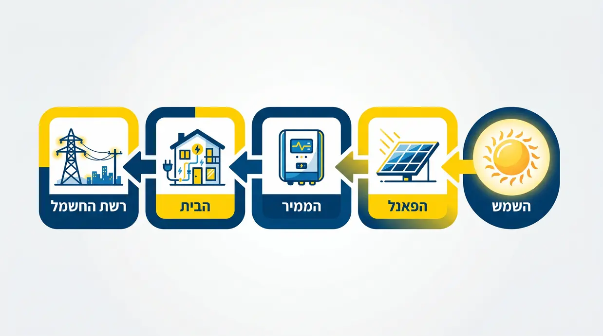 אינפוגרפיקה בעברית המציגה את מסלול החשמל מהשמש ועד רשת החשמל