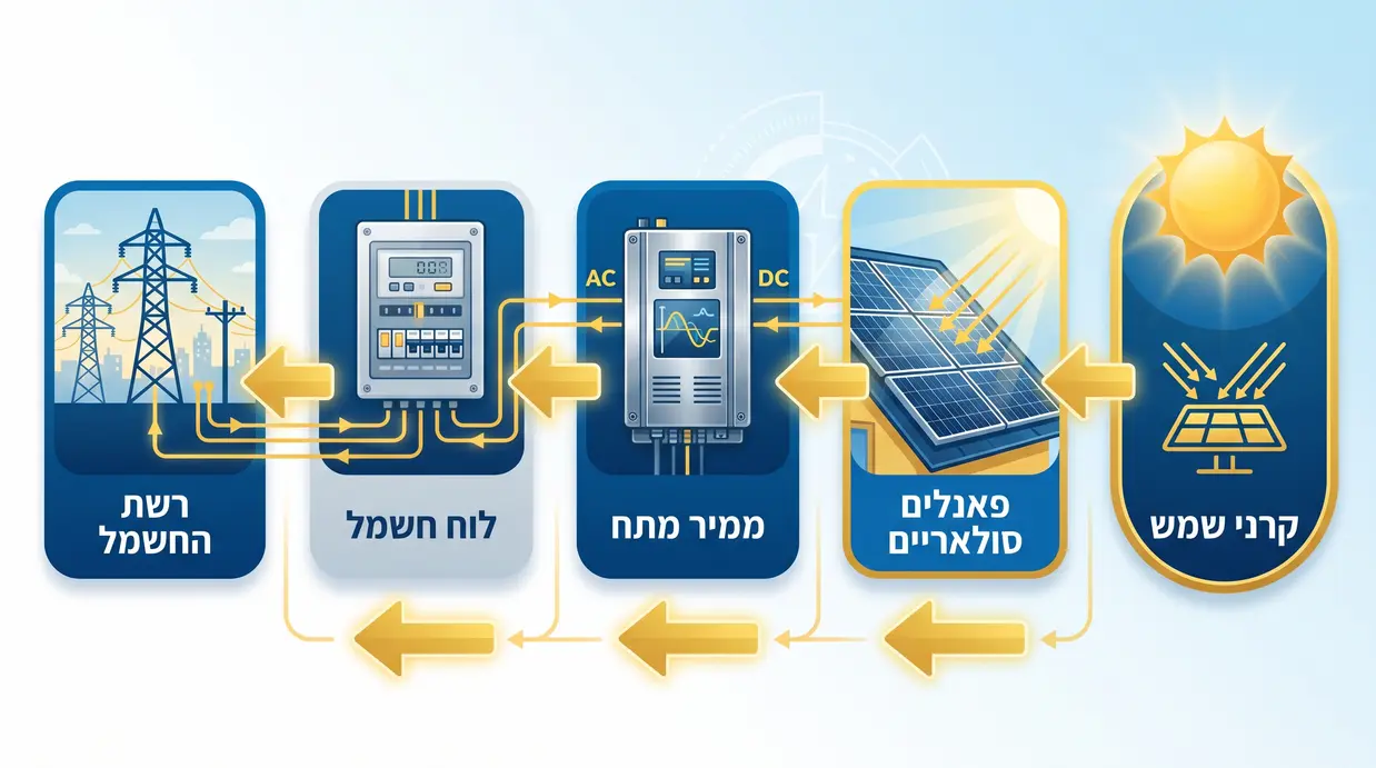 תרשים זרימה בעברית של תהליך ייצור החשמל ממערכת סולארית