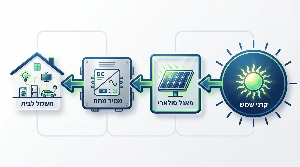 תרשים בעברית המציג את תהליך הפקת החשמל מלוחות סולאריים
