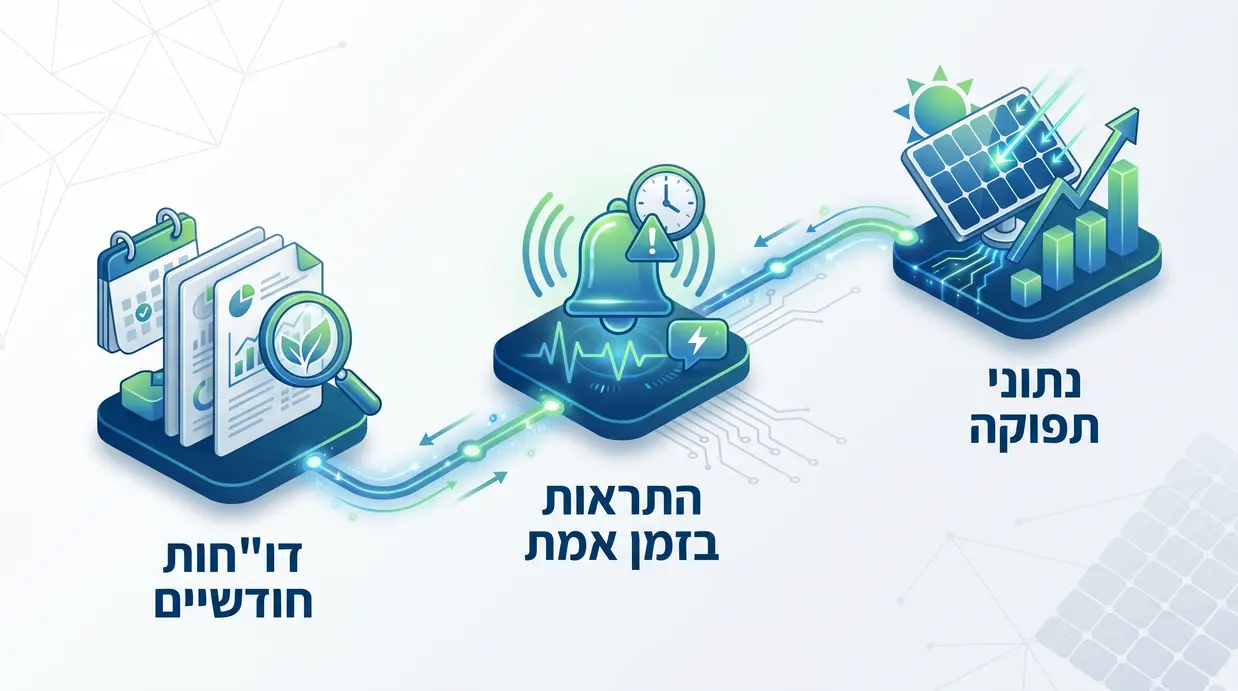 איור בעברית של מערכת ניטור סולארית המציגה נתונים בזמן אמת