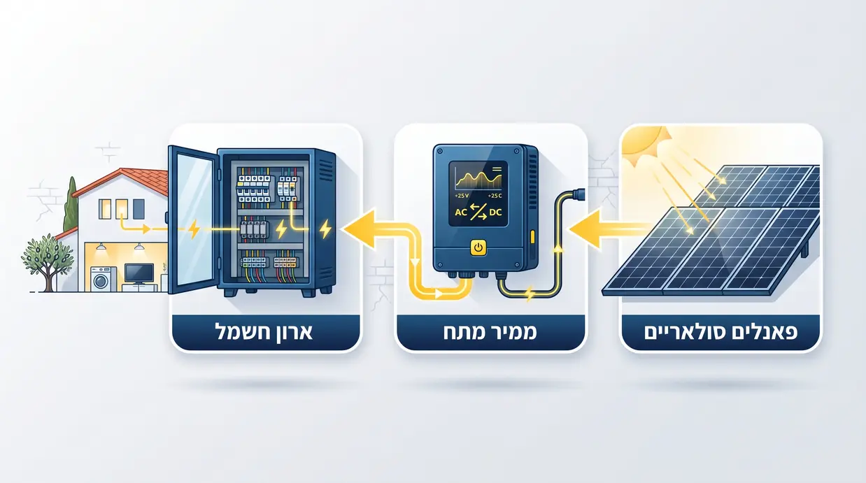 אינפוגרפיקה בעברית המציגה את מרכיבי מערכת סולארית ביתית