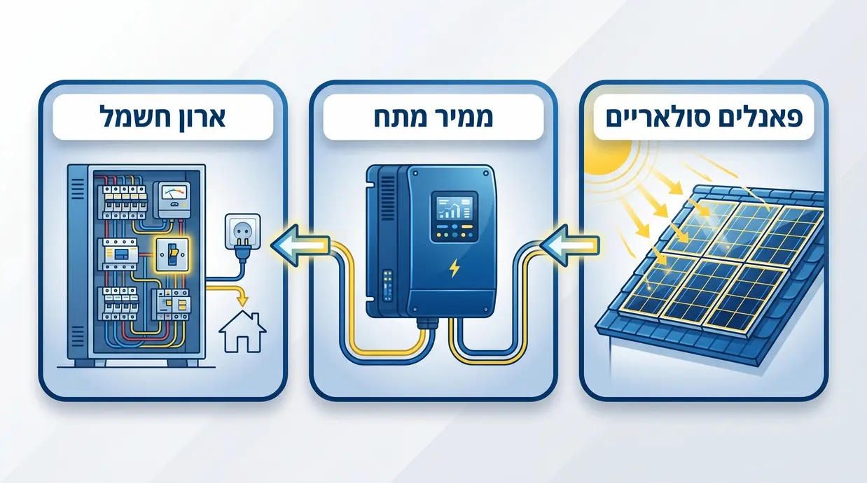תרשים בעברית המציג את רכיבי המערכת הסולארית: פאנלים, ממיר וארון חשמל