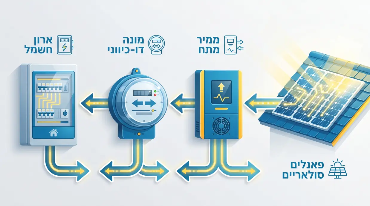תרשים בעברית המציג את רכיבי המערכת הסולארית הביתית