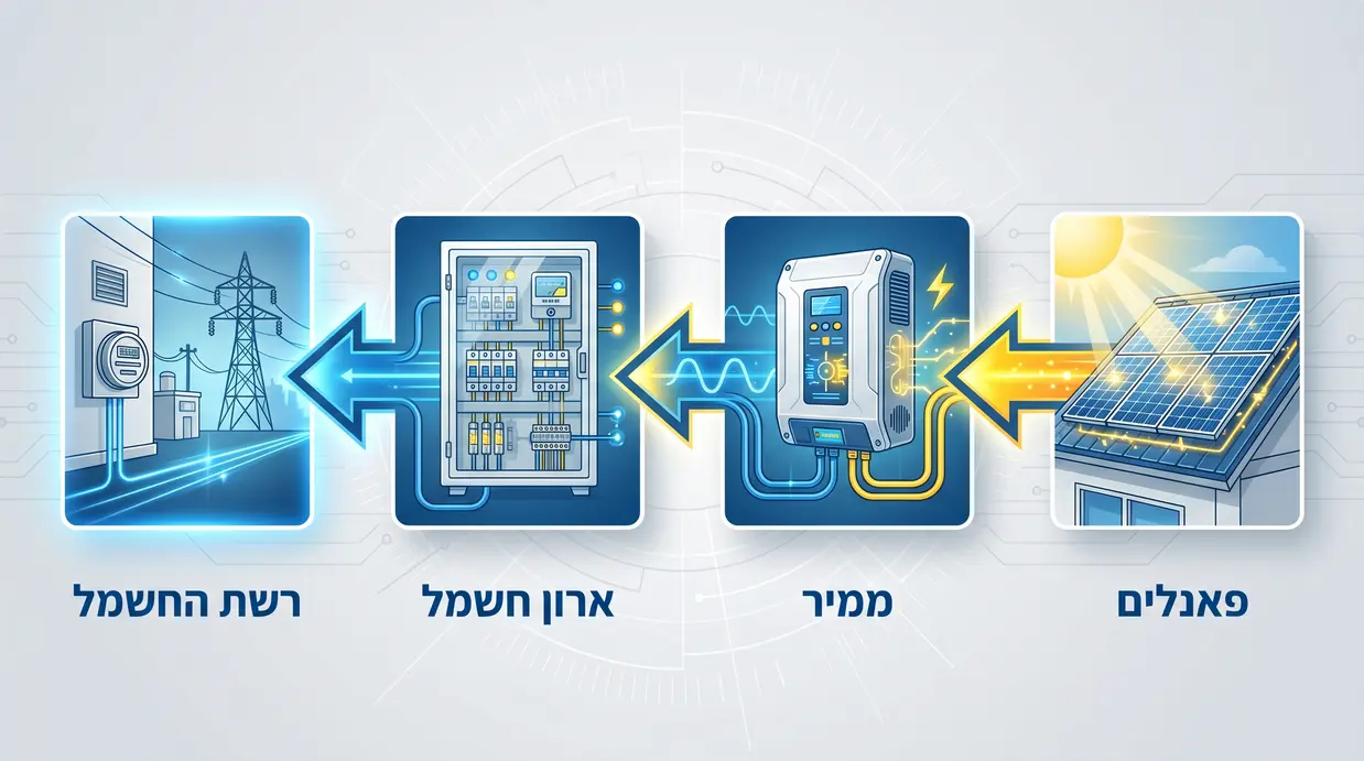 אינפוגרפיקה בעברית המציגה את זרימת החשמל ממערכת סולארית לבית ולרשת