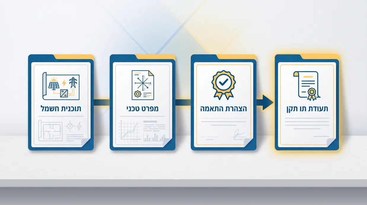 אינפוגרפיקה בעברית המציגה מסמכים ותעודות חובה לפני התקנת מערכת סולארית
