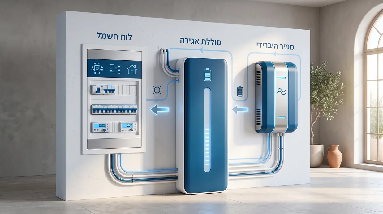 ממיר היברידי מודרני מותקן על קיר לצד סוללת אגירה ביתית מעוצבת ולוח חשמל ביתי