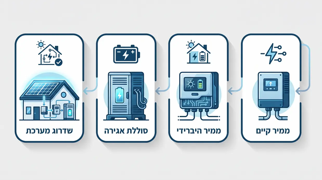 איור מערכת סולארית ביתית עם ממיר קיים, ממיר היברידי וסוללת אגירה לשדרוג מערכת