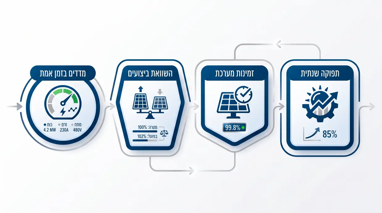 אינפוגרפיקה בעברית המציגה מדדי תפוקה מרכזיים של מערכת סולארית מסחרית