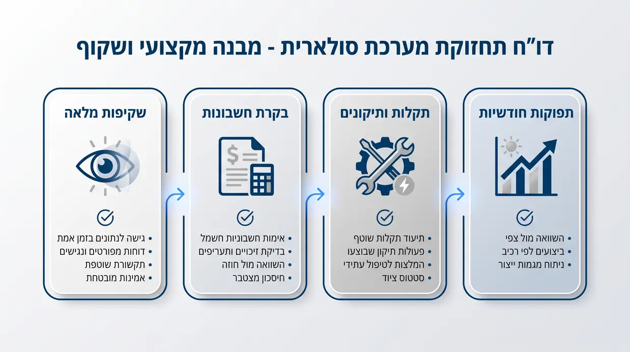 אינפוגרפיקה בעברית המציגה מבנה דוח תחזוקה תקופתי למערכת סולארית