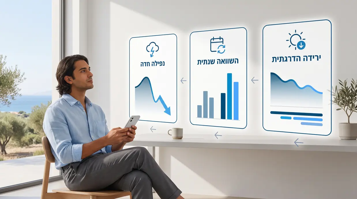 אילוסטרציה של אדם מביט בגרפים של מערכת סולארית המדגימים ירידה הדרגתית, השוואה שנתית ונפילה חדה
