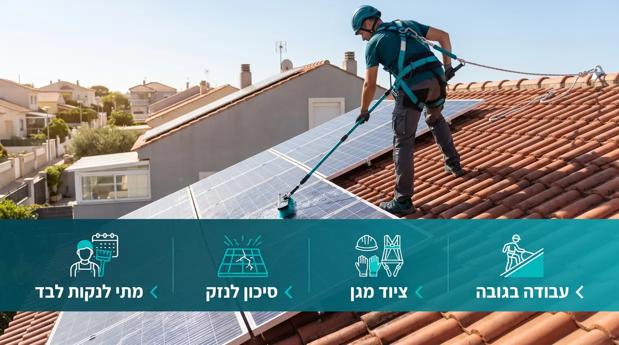 איש מקצוע עם רתמת בטיחות מנקה פאנלים סולאריים על גג משופע עם הדגשת נושאי בטיחות ונזק אפשרי
