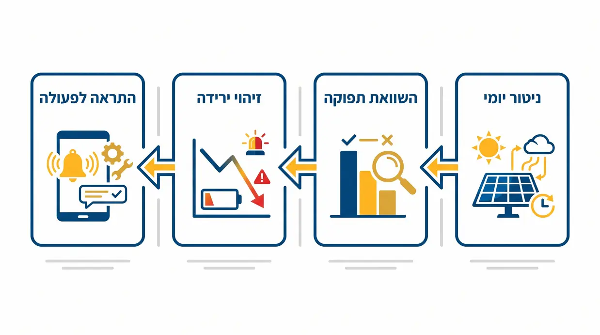 אינפוגרפיקה בעברית המציגה שלבים בניטור ביצועי מערכת סולארית בזמן אמת