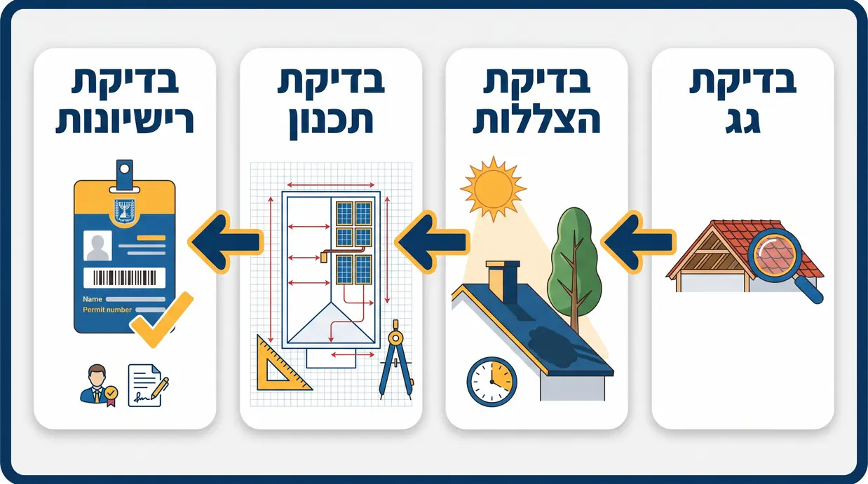 אינפוגרפיקה בתהליך מימין לשמאל של בדיקות חובה לפני התקנת מערכת סולארית על גג
