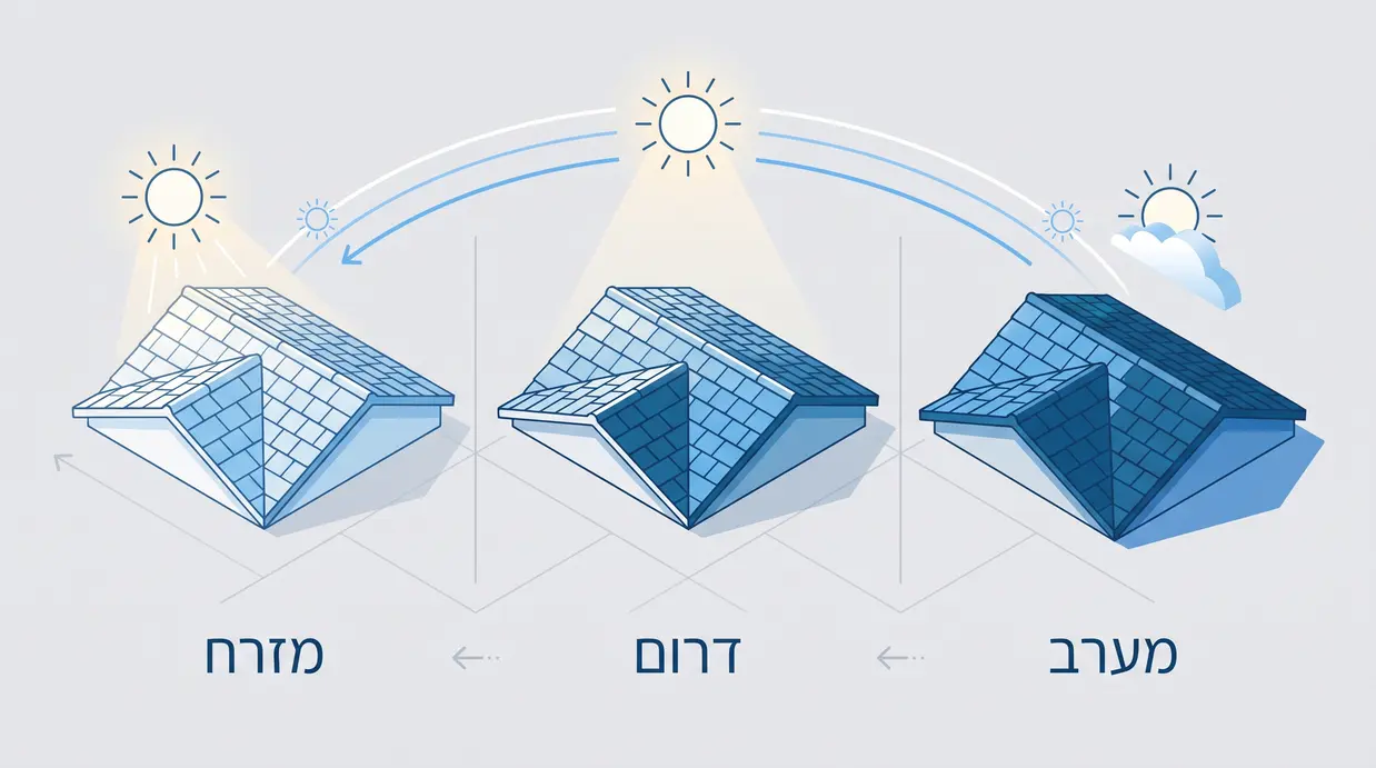 תרשים כיווני שמש על גג רעפים רב-מפלסי עם סימון מזרח דרום ומערב