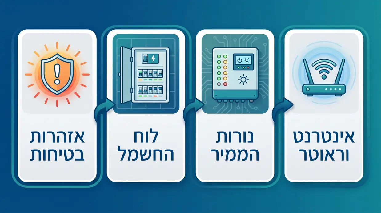 אינפוגרפיקה בעברית המציגה צ׳ק ליסט בטיחותי לבדיקות בסיסיות במערכת סולארית ביתית