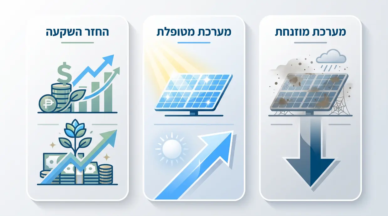 אינפוגרפיקה המשווה בין מערכת סולארית מוזנחת למערכת מטופלת ואת השפעת הניקוי על החזר ההשקעה