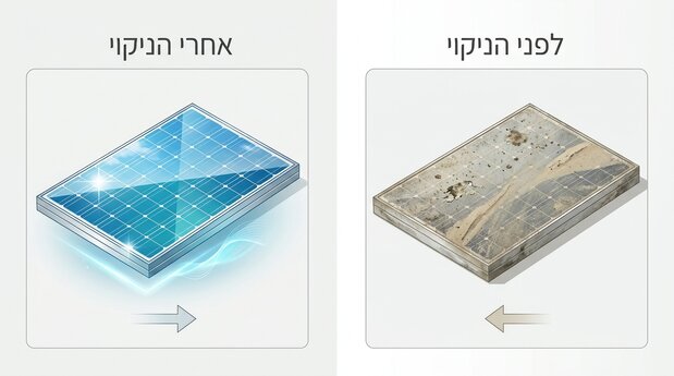 השוואה חזותית בין פאנל סולארי מלוכלך לפאנל נקי ומבריק המדגישה השפעה על תפוקת החשמל