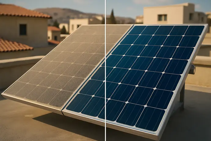 השוואה חזותית בין פאנל סולארי נקי ומבריק לבין פאנל מכוסה אבק מדברי כבד