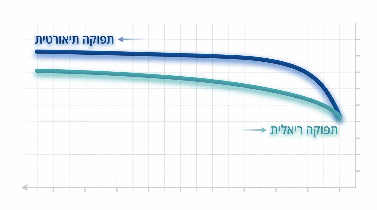 תרשים בעברית המשווה בין תפוקה תיאורטית לתפוקה ריאלית של מערכת סולארית לאורך 25 שנה