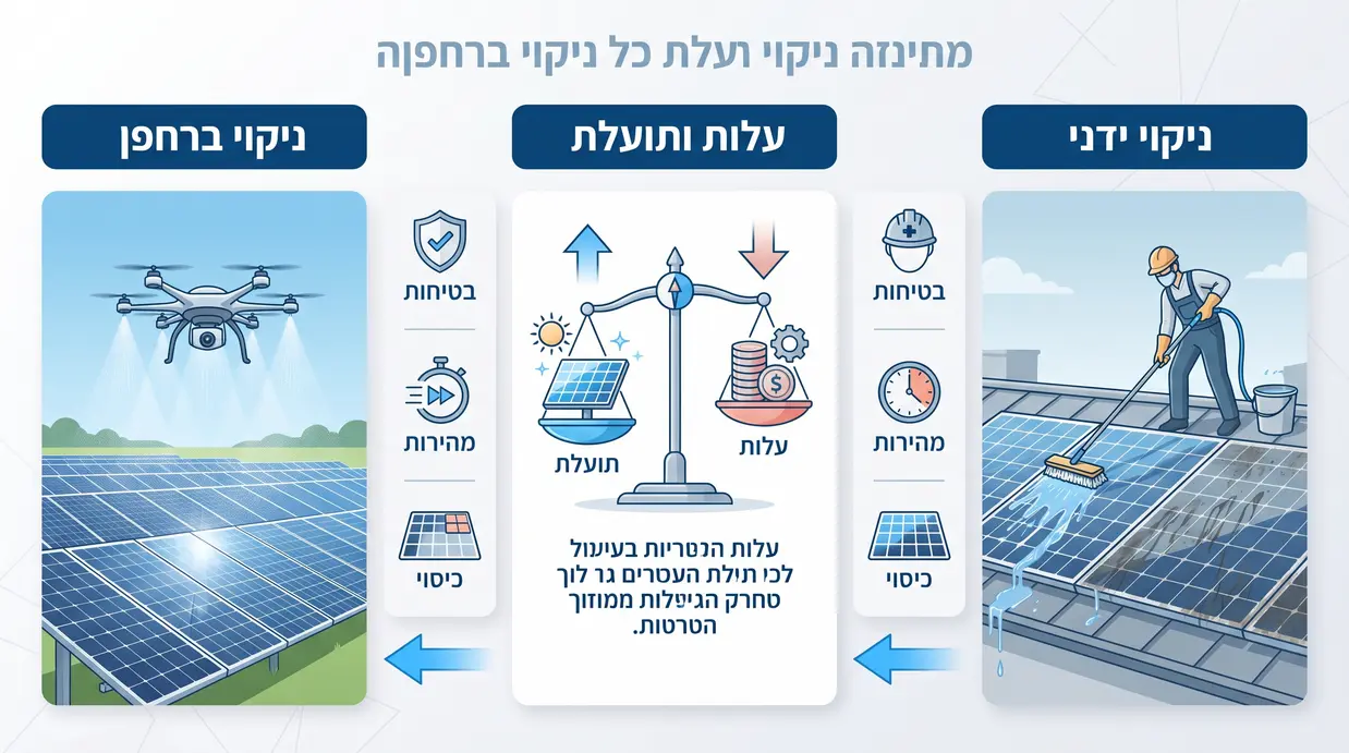 אינפוגרפיקה המשווה בין ניקוי ידני של פאנלים סולאריים לניקוי באמצעות רחפן