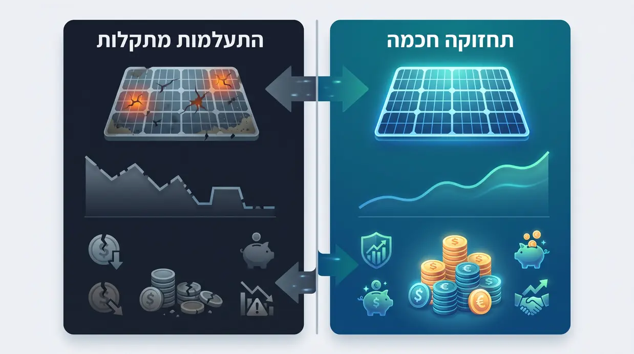 אינפוגרפיקה בעברית המשווה בין מערכת סולארית עם תחזוקה חכמה לבין מערכת שמתעלמת מתקלות נסתרות
