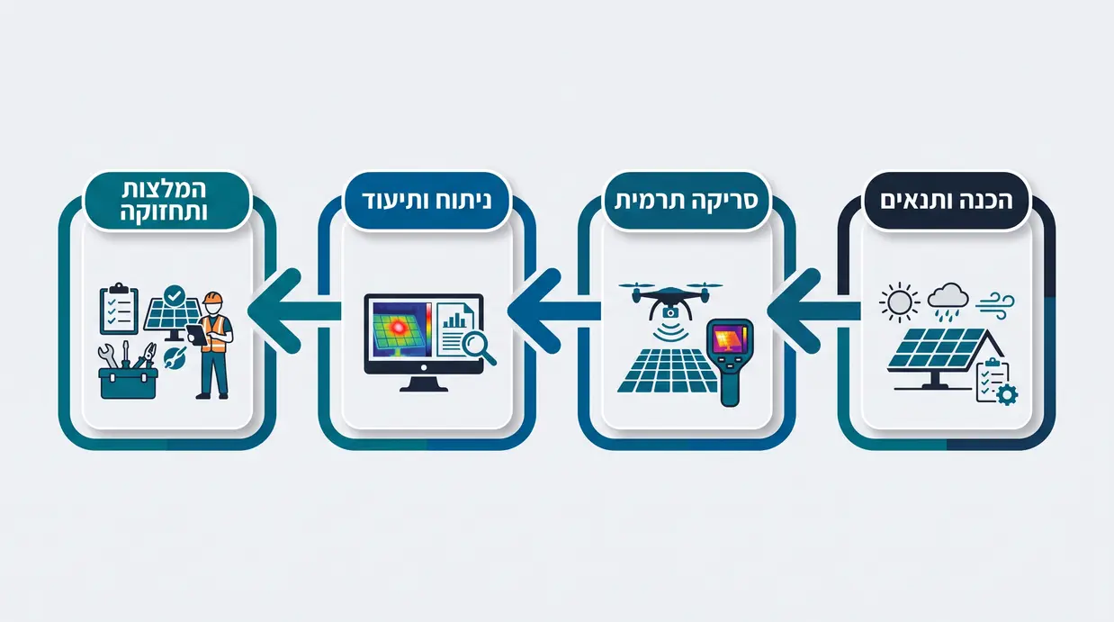 אינפוגרפיקה בעברית המציגה בתהליך מימין לשמאל את שלבי בדיקת התרמוגרפיה לפאנלים סולאריים