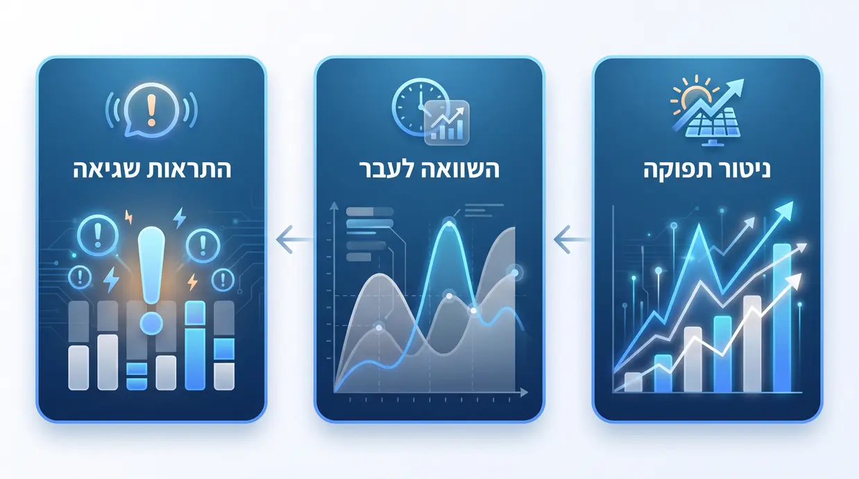 אינפוגרפיקה בעברית המדגימה ניטור תפוקה סולארית, השוואה לנתוני עבר והתראות שגיאה