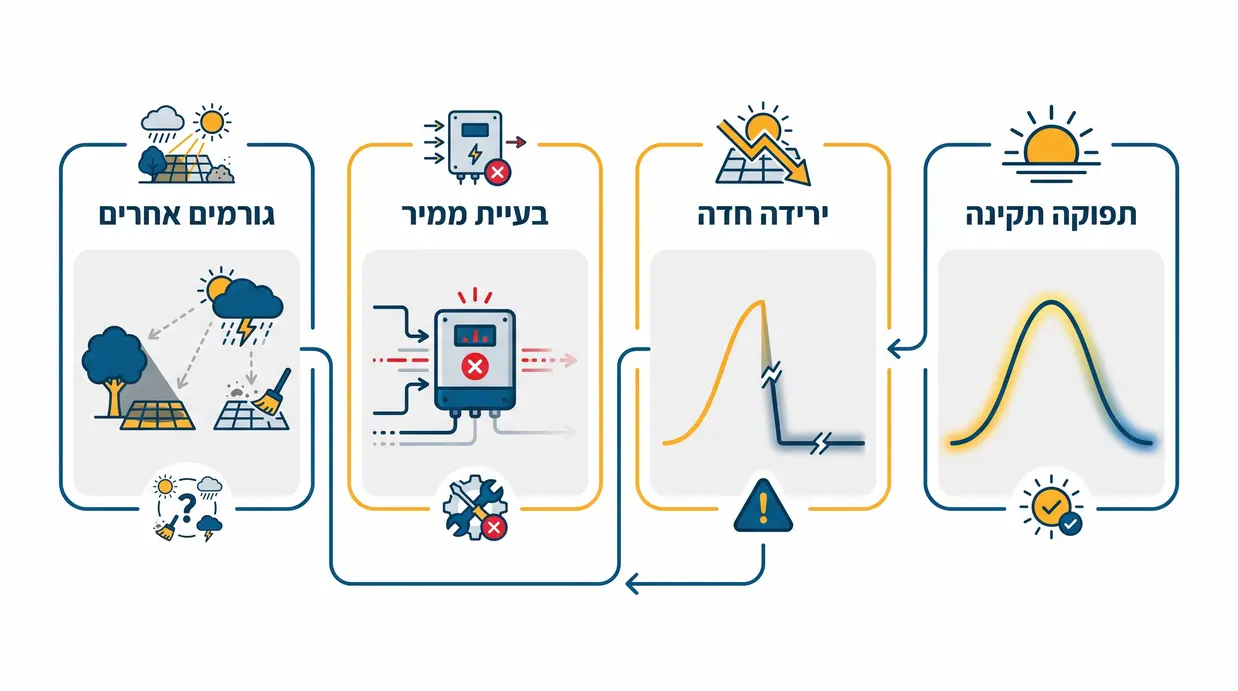 אינפוגרפיקה בעברית הממחישה בגרפים ירידה חדה בתפוקה לעומת תפוקה תקינה במערכת סולארית