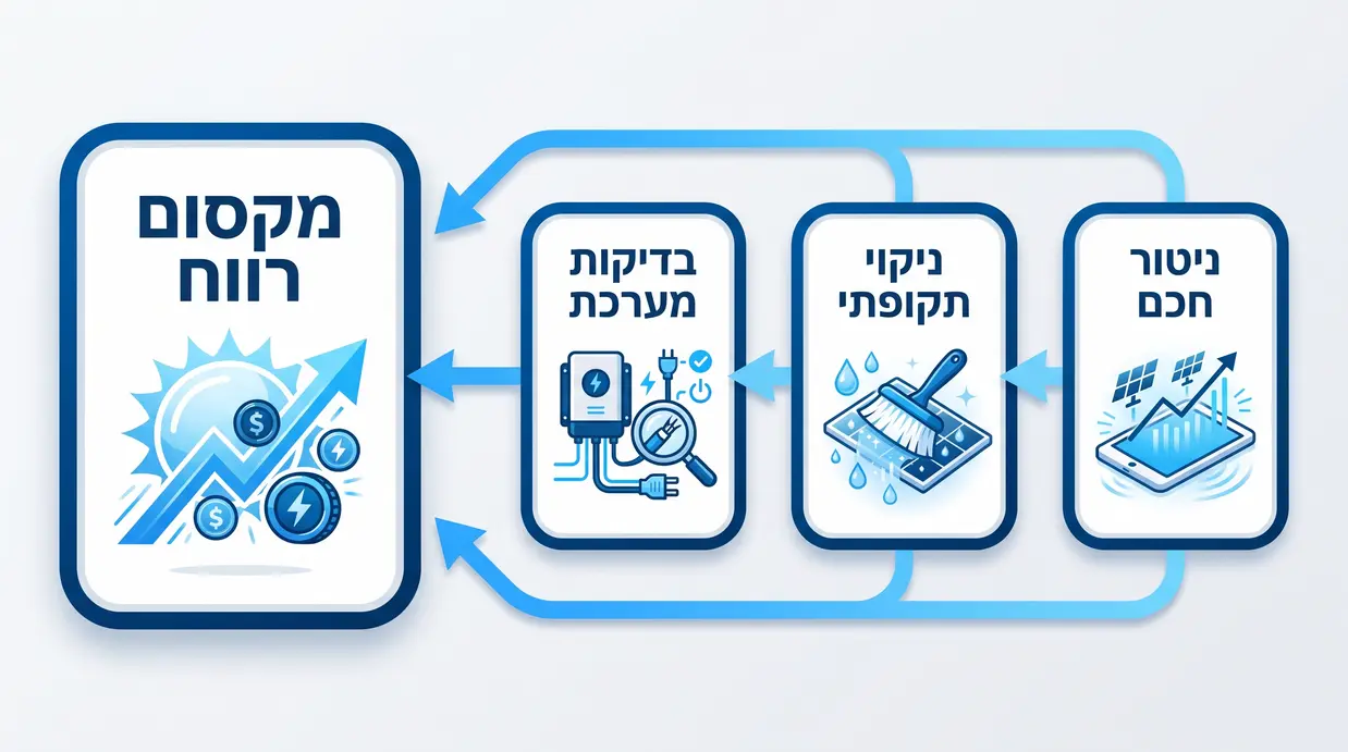 מפת מושגים בעברית שמחברת בין ניטור חכם, ניקוי תקופתי, בדיקות מערכת ומקסום רווח